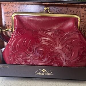Patricia Nash Burgundy Embossed Leather Kiss-Lock Wristlet
